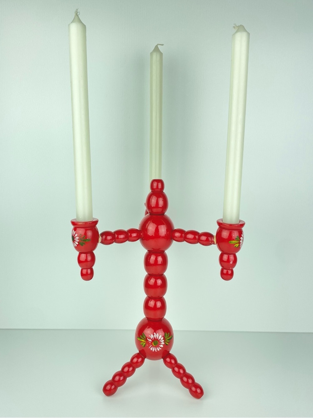 VTG Swedish 3 Armed Red Floral Candelabra Scandinavian Folk Art Candleholder - Picture 2 of 16